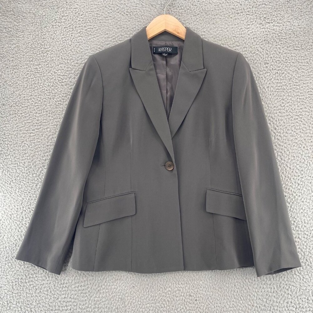 Kasper Blazer Womens 10 Petite Taupe Gray Peak Lapel Button Pockets Office Work*